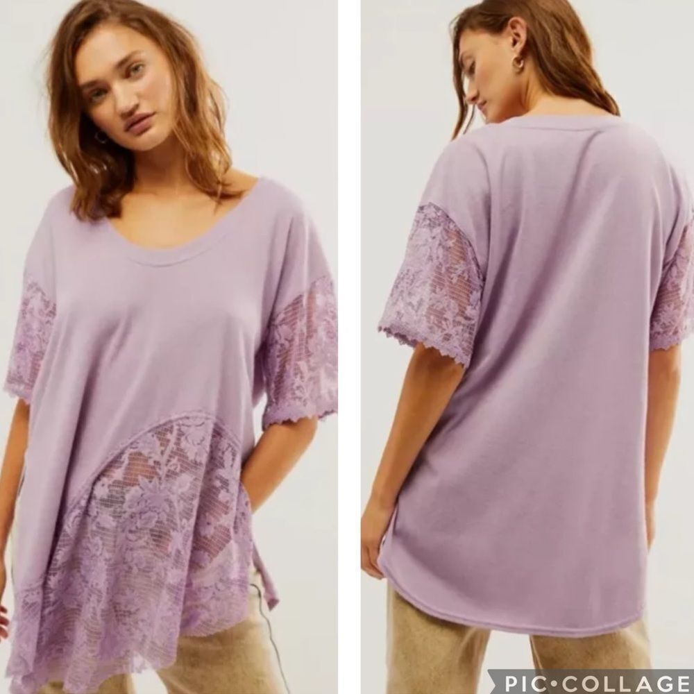 NWT Free People Chasing You Lilac Lace Longline  Scoop Neck Top Size: M